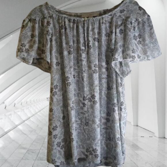Loft Large short sleeve olive green white floral peasant polyester woman's top - Picture 1 of 1